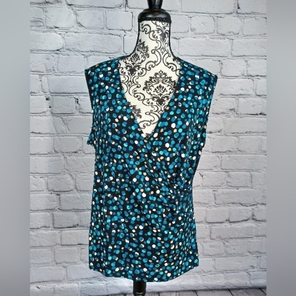 George Womens Stretch Knit Size L Faux Wrap Polka-dot Print Sleeveless Top B20